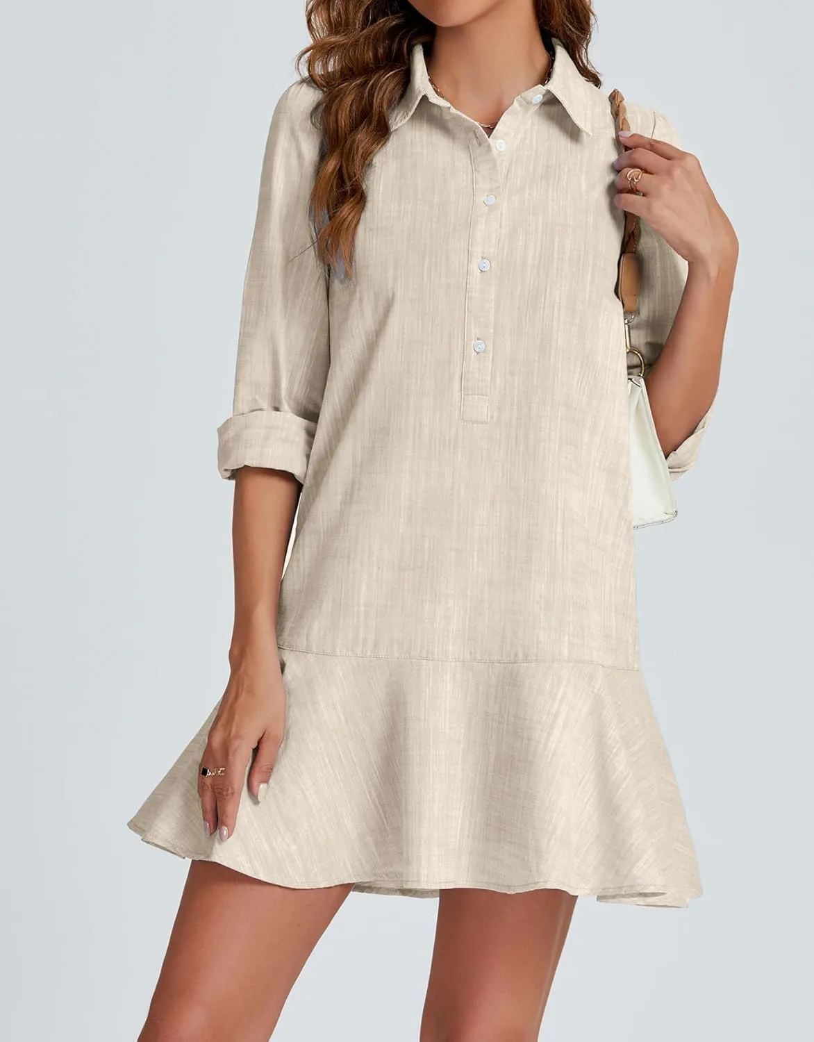 Kedera Women‘s Tunic Shirt Mini Dress Long Sleeves Short Dress Button Up Ruffle Hem Shift Dresses with Pockets