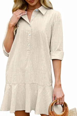 Kedera Women‘s Tunic Shirt Mini Dress Long Sleeves Short Dress Button Up Ruffle Hem Shift Dresses with Pockets