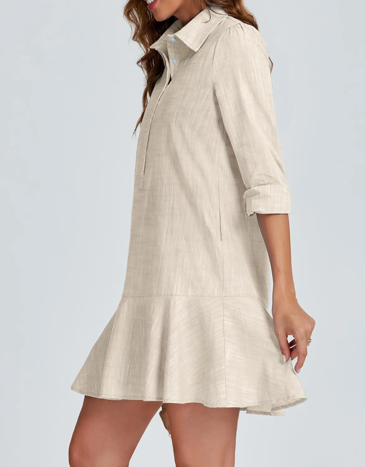 Kedera Women‘s Tunic Shirt Mini Dress Long Sleeves Short Dress Button Up Ruffle Hem Shift Dresses with Pockets