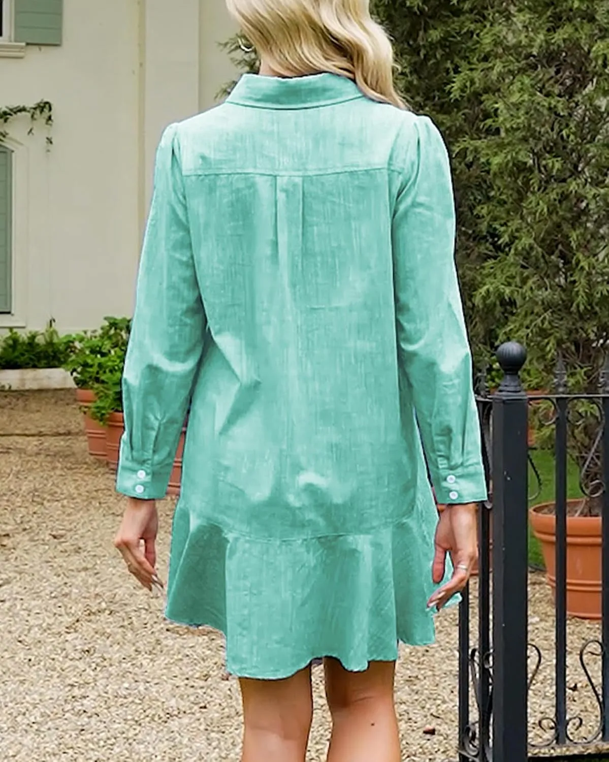 Kedera Women‘s Tunic Shirt Mini Dress Long Sleeves Short Dress Button Up Ruffle Hem Shift Dresses with Pockets
