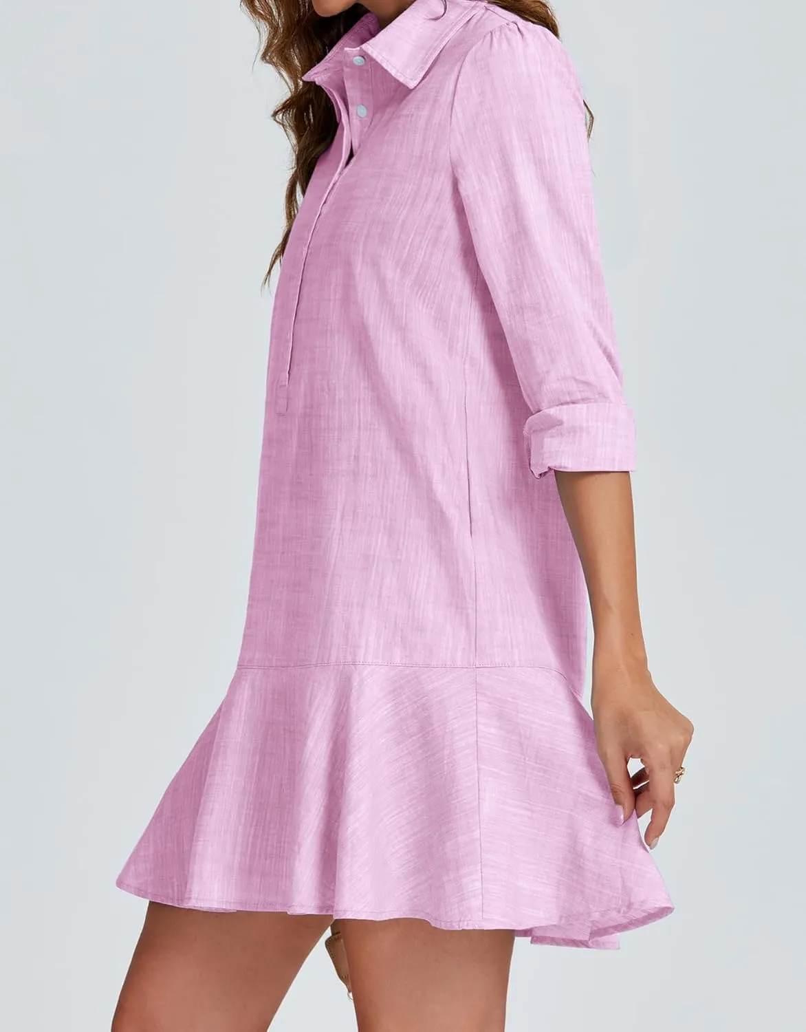 Kedera Women‘s Tunic Shirt Mini Dress Long Sleeves Short Dress Button Up Ruffle Hem Shift Dresses with Pockets