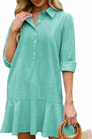 Kedera Women‘s Tunic Shirt Mini Dress Long Sleeves Short Dress Button Up Ruffle Hem Shift Dresses with Pockets