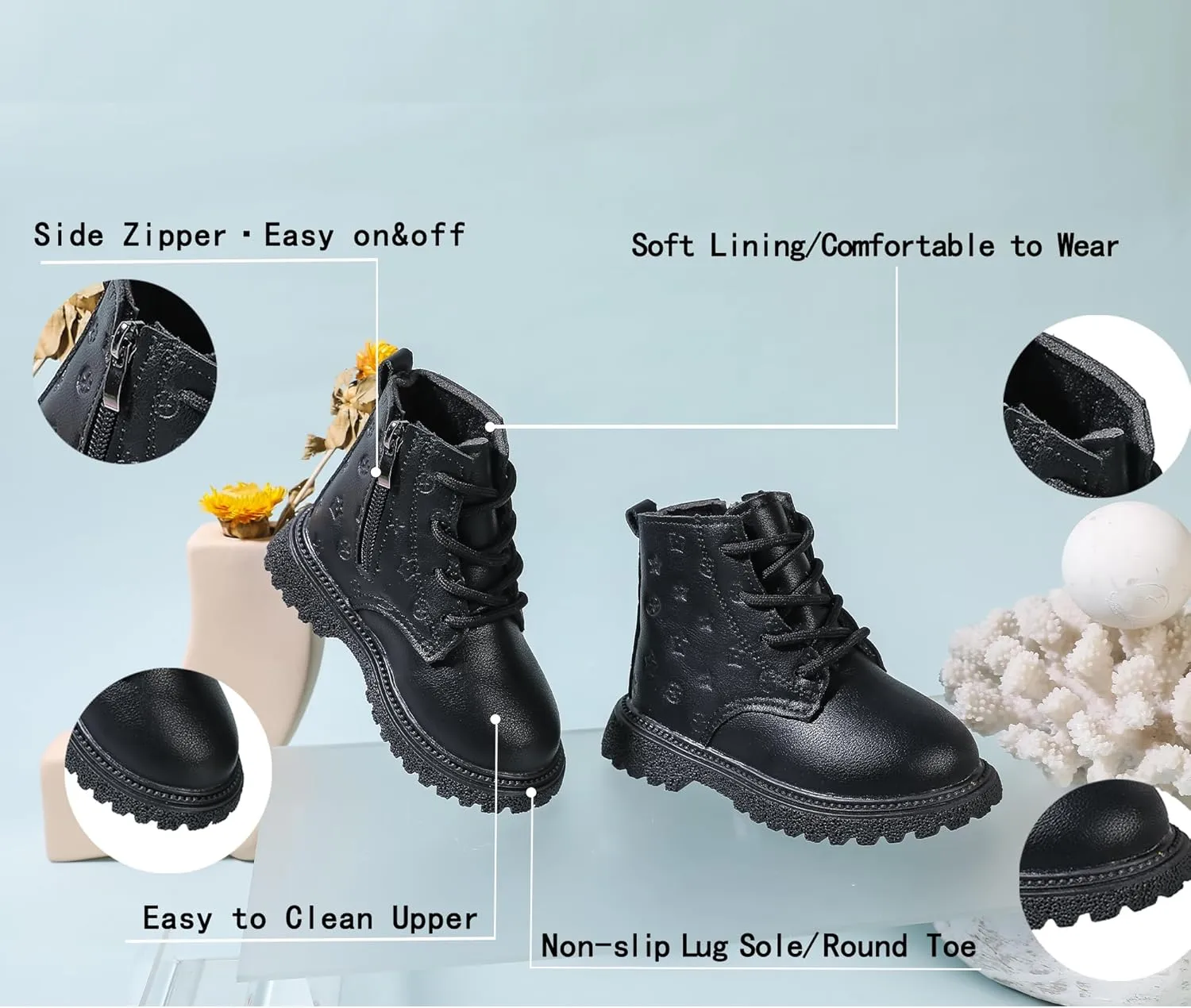 Kids Ankle Boots with Side Zipper Lace Up for Toddler Littel Kid Boys and Girls for Outdoor Play and Everyday Wear