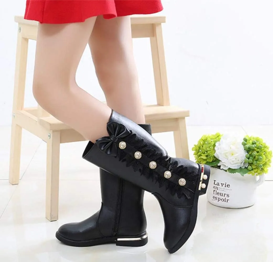 Kids Girl's Waterproof Lace Bowknot Side Zipper Fur Lined Tall Winter Riding Boots Fashion Sparkle Bootie(Toddler/Little Kid)