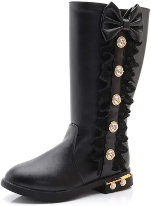 Kids Girl's Waterproof Lace Bowknot Side Zipper Fur Lined Tall Winter Riding Boots Fashion Sparkle Bootie(Toddler/Little Kid)