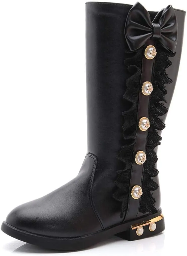 Kids Girl's Waterproof Lace Bowknot Side Zipper Fur Lined Tall Winter Riding Boots Fashion Sparkle Bootie(Toddler/Little Kid)