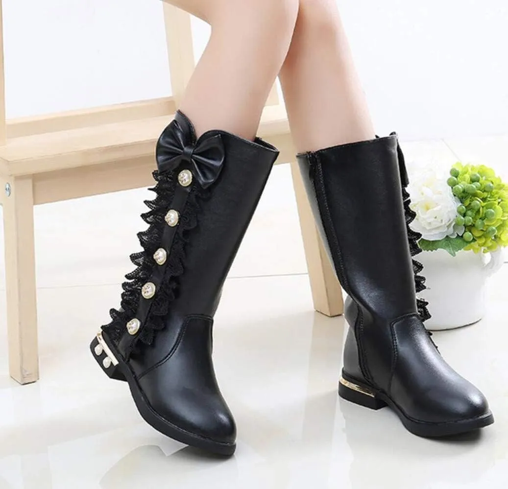 Kids Girl's Waterproof Lace Bowknot Side Zipper Fur Lined Tall Winter Riding Boots Fashion Sparkle Bootie(Toddler/Little Kid)