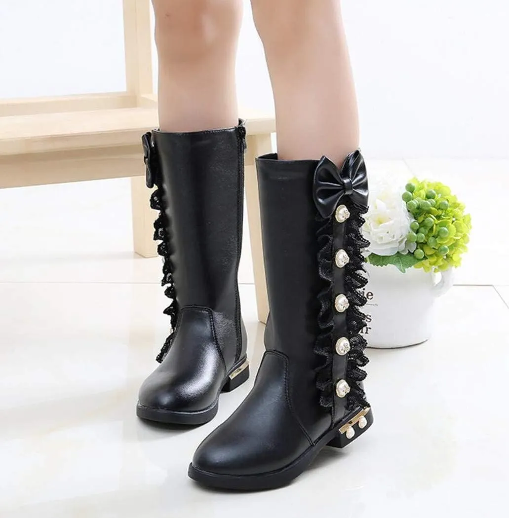 Kids Girl's Waterproof Lace Bowknot Side Zipper Fur Lined Tall Winter Riding Boots Fashion Sparkle Bootie(Toddler/Little Kid)