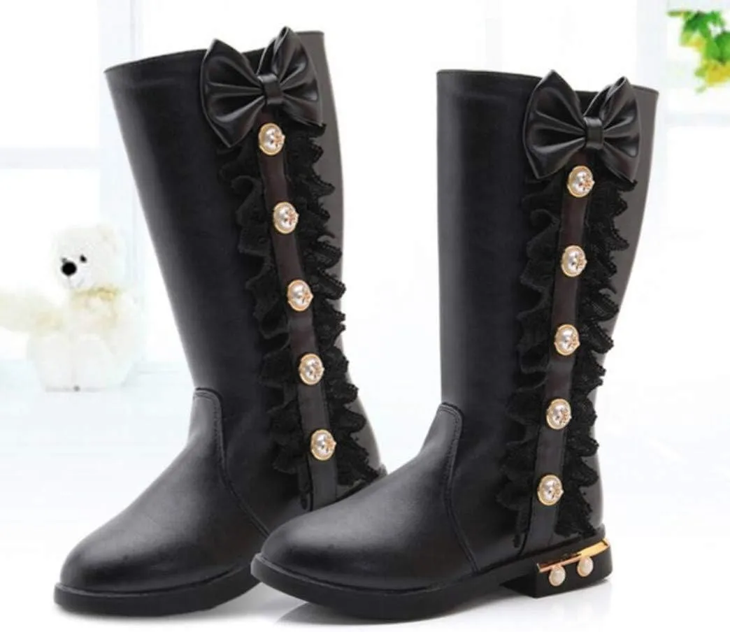Kids Girl's Waterproof Lace Bowknot Side Zipper Fur Lined Tall Winter Riding Boots Fashion Sparkle Bootie(Toddler/Little Kid)