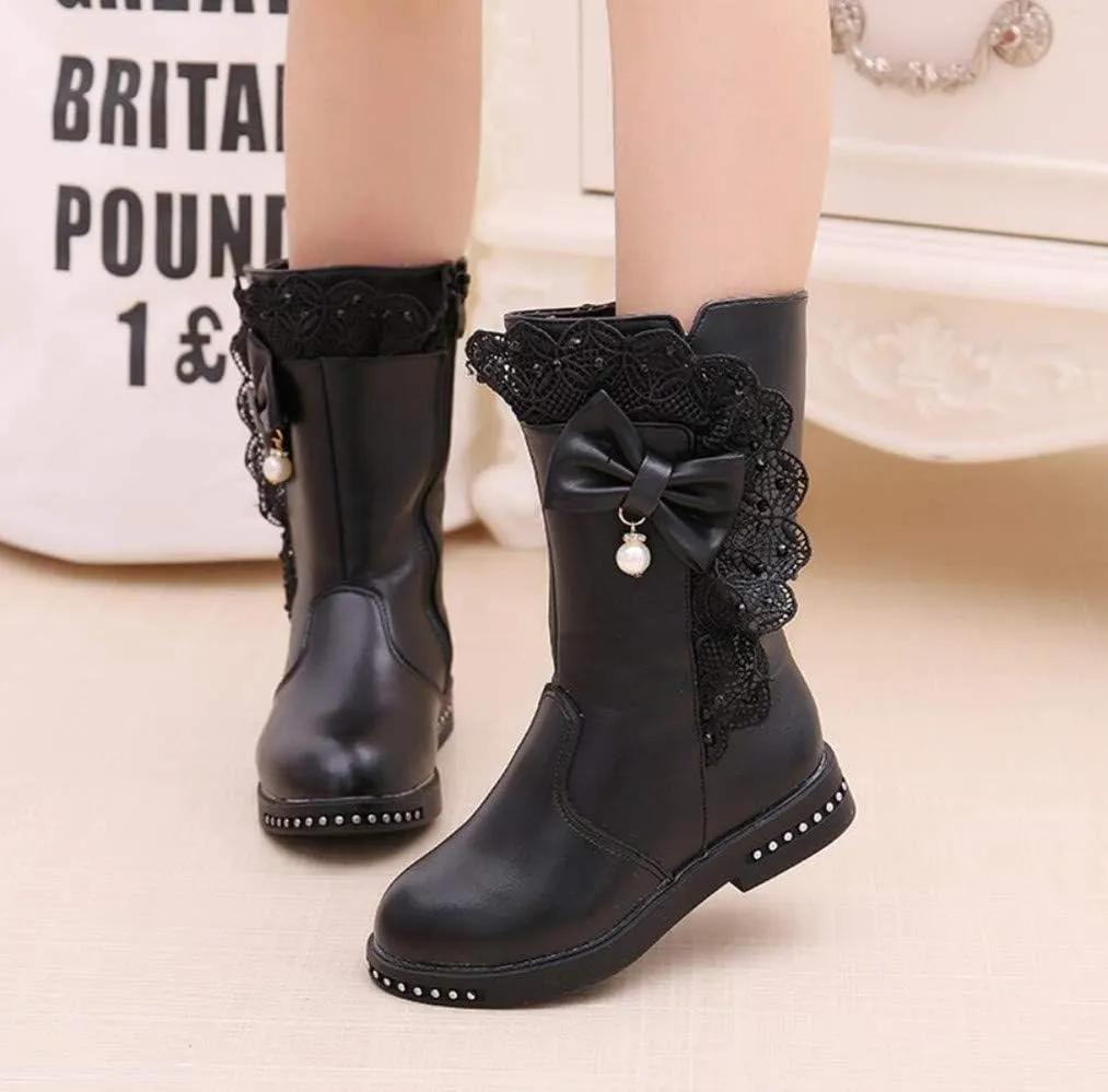 Kids Girl's Waterproof Lace Bowknot Side Zipper Fur Lined Tall Winter Riding Boots Fashion Warm Bootie