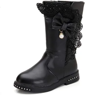 Kids Girl's Waterproof Lace Bowknot Side Zipper Fur Lined Tall Winter Riding Boots Fashion Warm Bootie