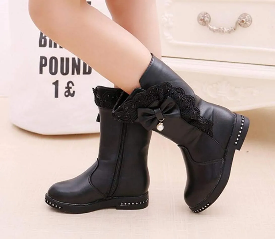 Kids Girl's Waterproof Lace Bowknot Side Zipper Fur Lined Tall Winter Riding Boots Fashion Warm Bootie