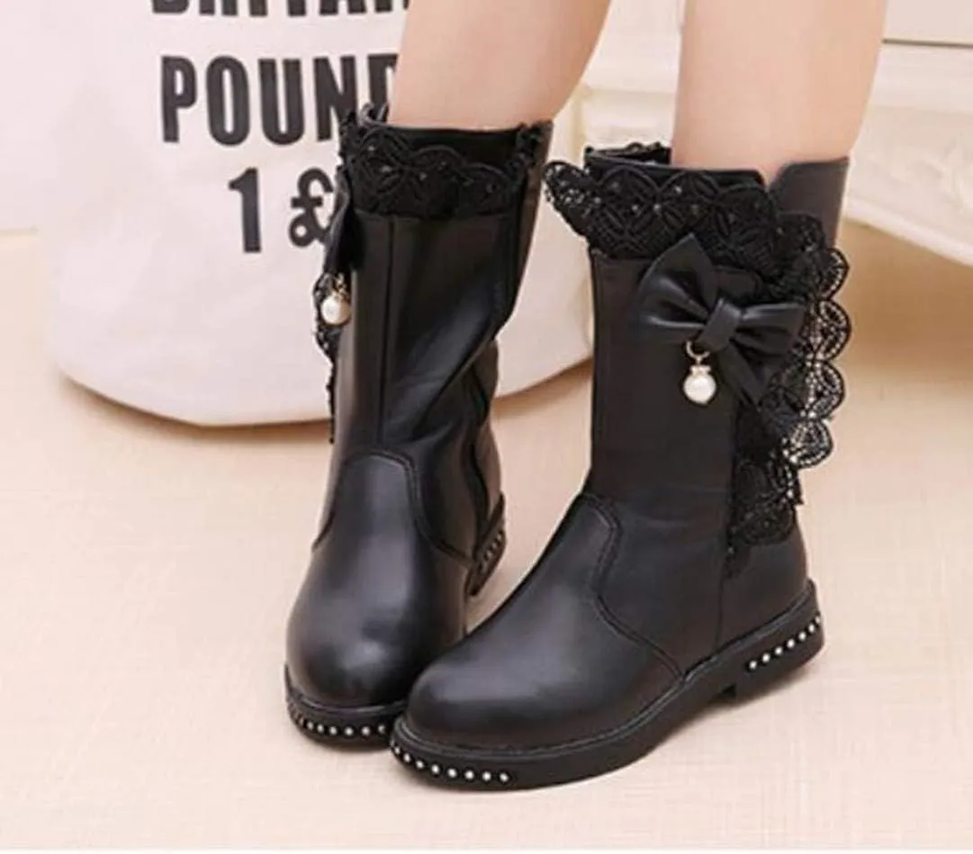 Kids Girl's Waterproof Lace Bowknot Side Zipper Fur Lined Tall Winter Riding Boots Fashion Warm Bootie