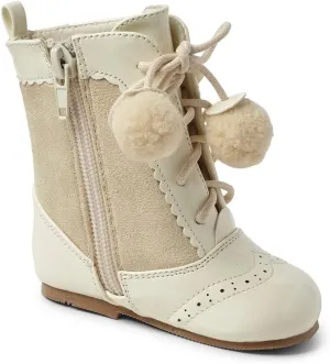 Kids Sienna Patent Unisex Brogue Ankle Boots with Lace-Up & Pom-Pom in 6 Multi Colours