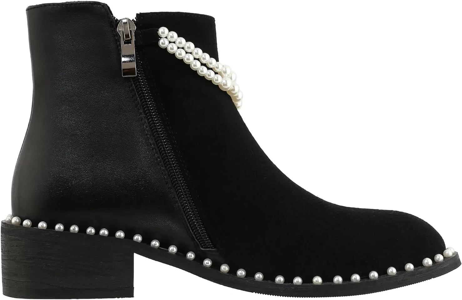 Kluolandi Pearl Embellished Ankle Boots for Women Chunky Low Heel Side Zipper Ankle Bootie Black Leather Boots