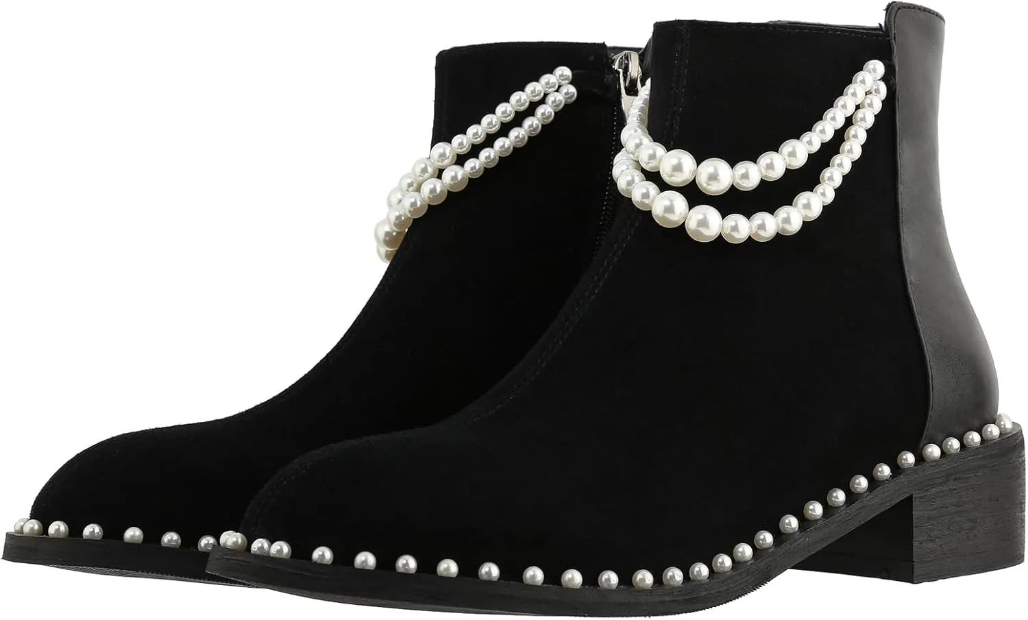 Kluolandi Pearl Embellished Ankle Boots for Women Chunky Low Heel Side Zipper Ankle Bootie Black Leather Boots
