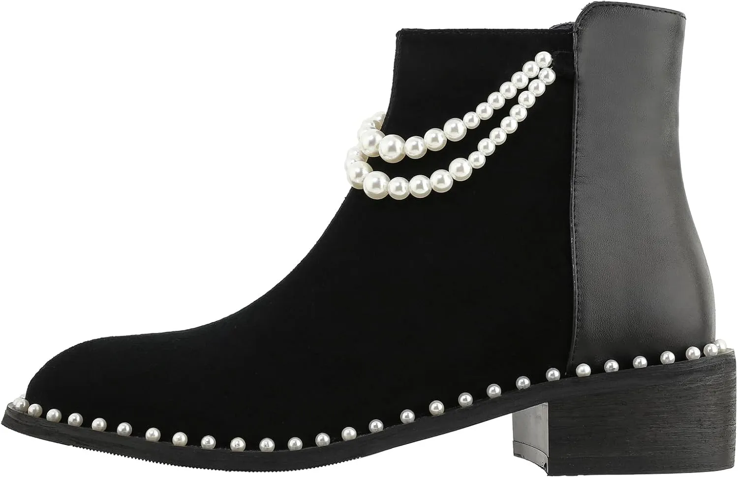 Kluolandi Pearl Embellished Ankle Boots for Women Chunky Low Heel Side Zipper Ankle Bootie Black Leather Boots