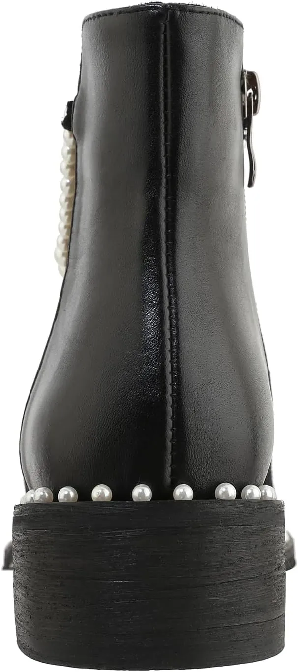 Kluolandi Pearl Embellished Ankle Boots for Women Chunky Low Heel Side Zipper Ankle Bootie Black Leather Boots