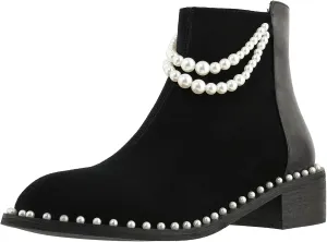Kluolandi Pearl Embellished Ankle Boots for Women Chunky Low Heel Side Zipper Ankle Bootie Black Leather Boots