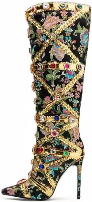 Kluolandi Women's Jewelled Floral-print Knee High Boots Sexy Pointed Toe Stiletto High Heels Boots for Women with Side Zipper