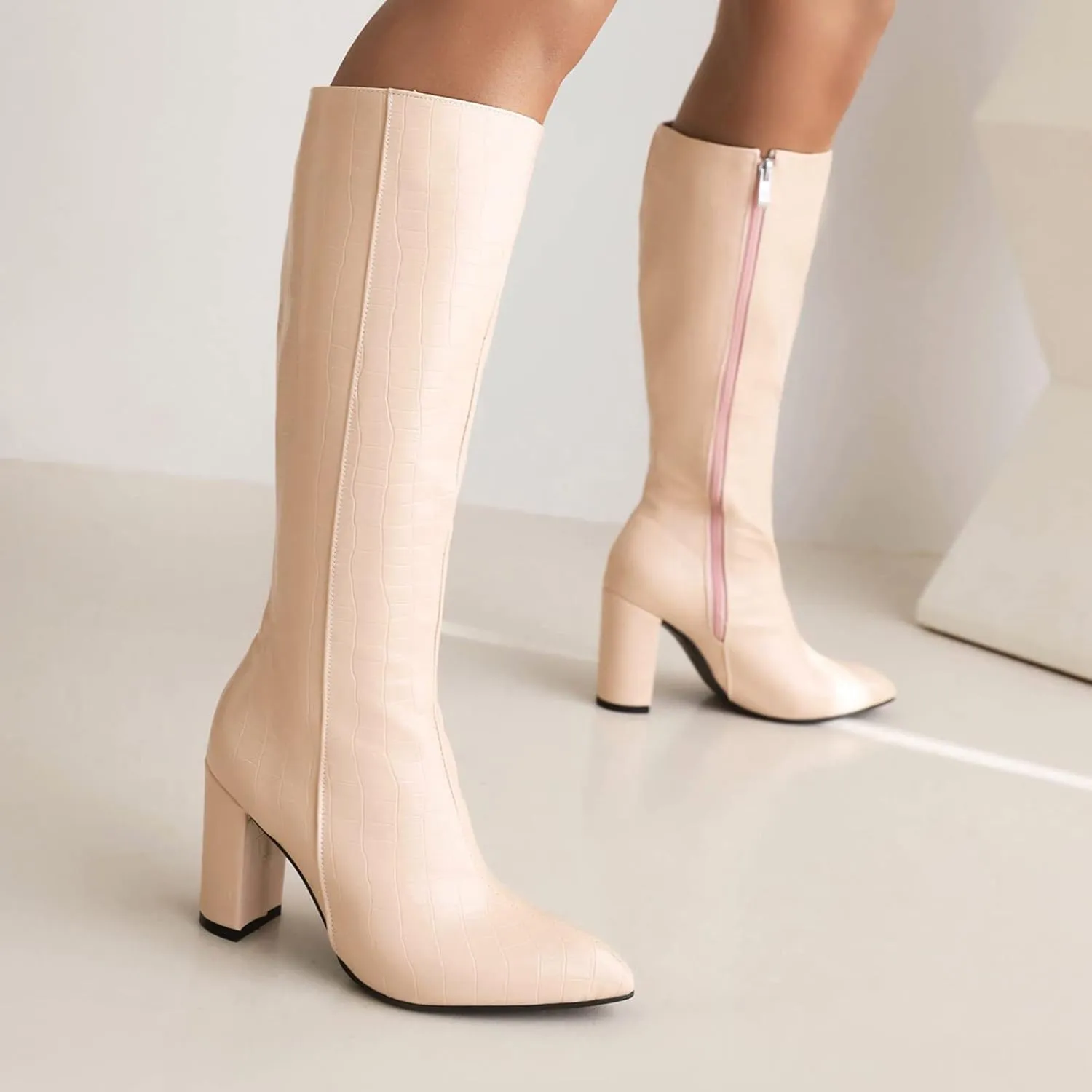 Knee High Boots for Women Tall Boots Long Boots Wide Calf High Boots Snake Skin Boots Chunky High Heel Faux Crocodile Boots Block Heel Pointed Toe Side Zipper Booties Comfy Casual Party Dress Shoes