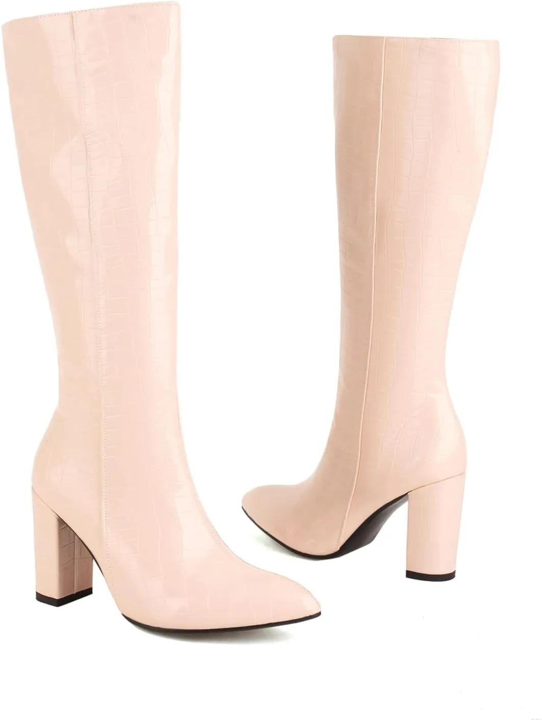 Knee High Boots for Women Tall Boots Long Boots Wide Calf High Boots Snake Skin Boots Chunky High Heel Faux Crocodile Boots Block Heel Pointed Toe Side Zipper Booties Comfy Casual Party Dress Shoes