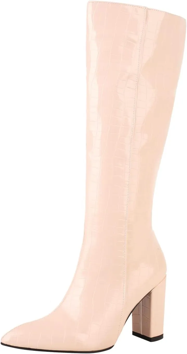 Knee High Boots for Women Tall Boots Long Boots Wide Calf High Boots Snake Skin Boots Chunky High Heel Faux Crocodile Boots Block Heel Pointed Toe Side Zipper Booties Comfy Casual Party Dress Shoes
