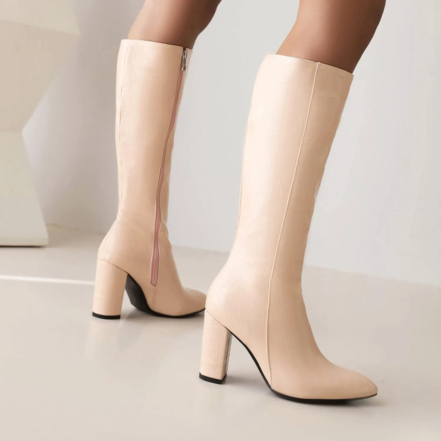 Knee High Boots for Women Tall Boots Long Boots Wide Calf High Boots Snake Skin Boots Chunky High Heel Faux Crocodile Boots Block Heel Pointed Toe Side Zipper Booties Comfy Casual Party Dress Shoes