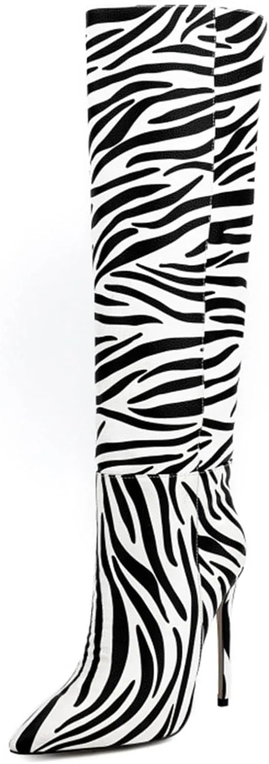 Knee-high Boots High Heels Women's Pumps High Boots Pointed Toe Stiletto Zebra Elegance
