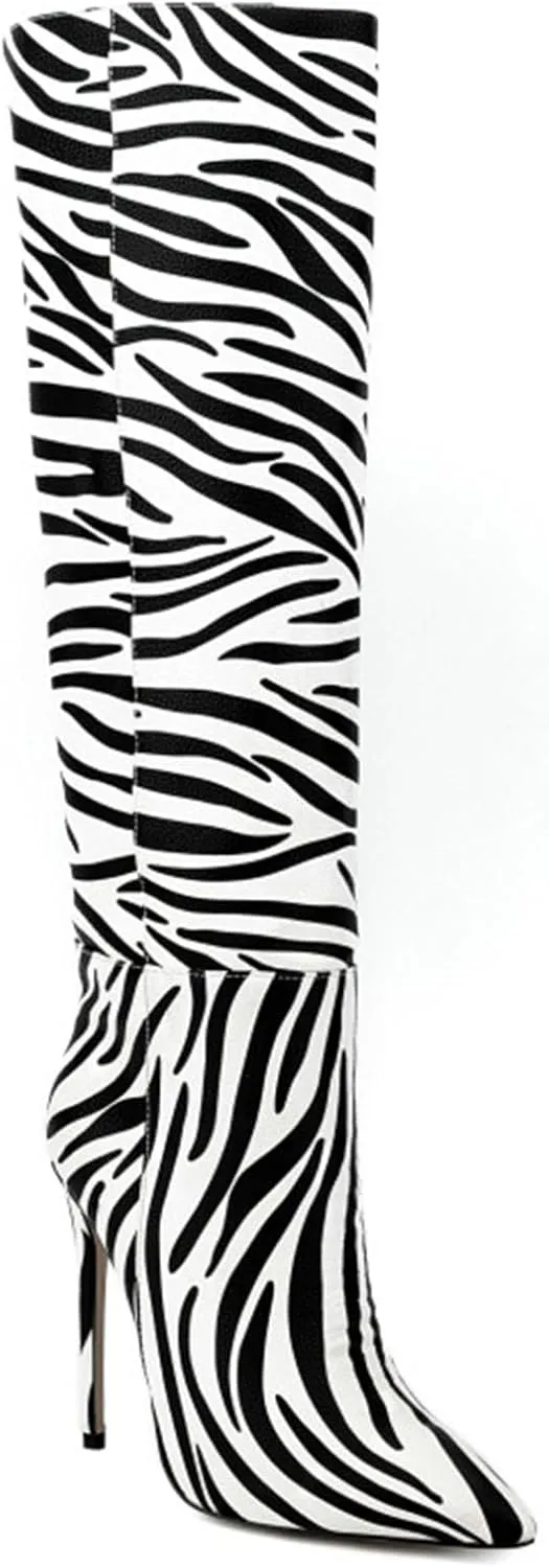 Knee-high Boots High Heels Women's Pumps High Boots Pointed Toe Stiletto Zebra Elegance