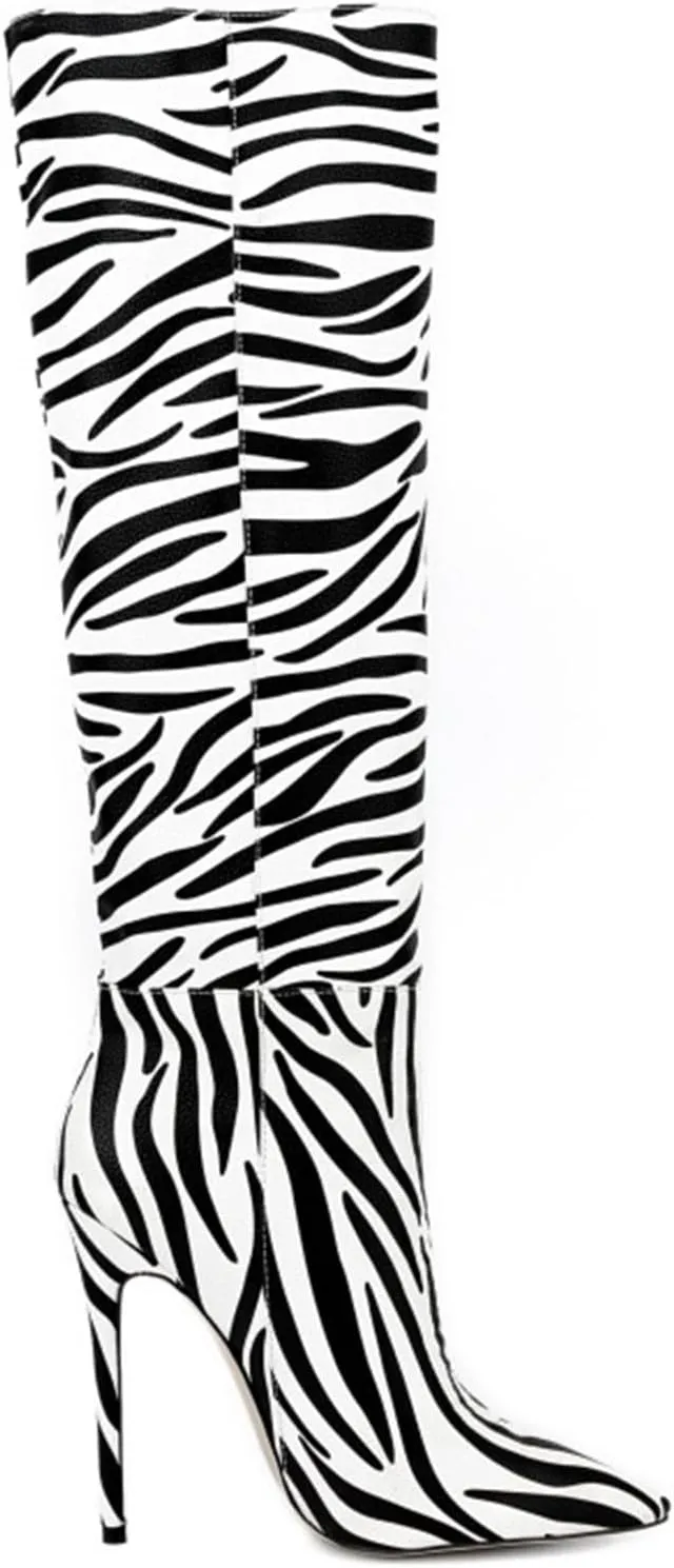 Knee-high Boots High Heels Women's Pumps High Boots Pointed Toe Stiletto Zebra Elegance