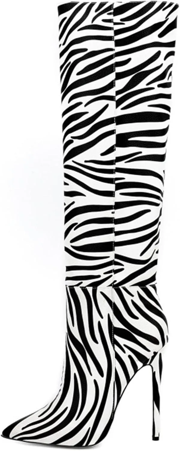 Knee-high Boots High Heels Women's Pumps High Boots Pointed Toe Stiletto Zebra Elegance