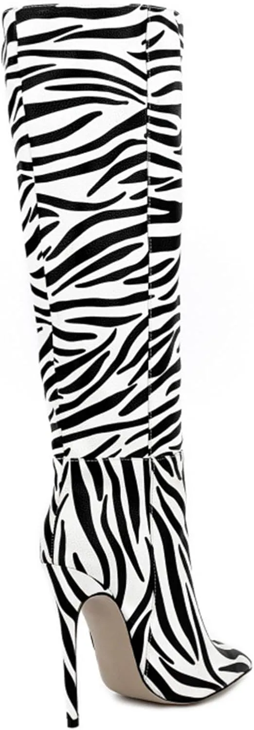 Knee-high Boots High Heels Women's Pumps High Boots Pointed Toe Stiletto Zebra Elegance