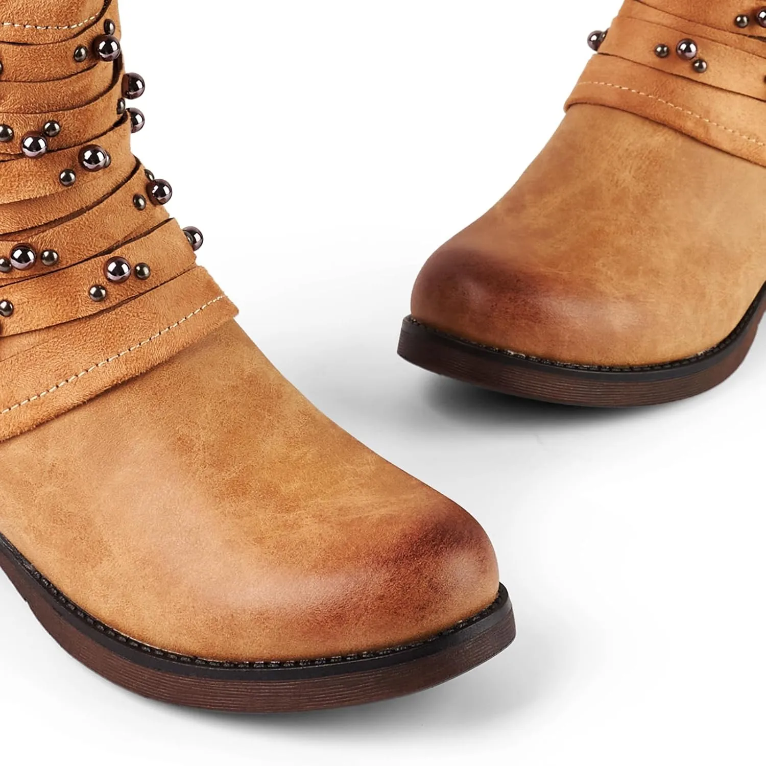 LALA IKAI Women's Combat Boots Motorcycle Ankle Fashion Boots with Studded Low Block Chunky Heels Biker Booties Shoes