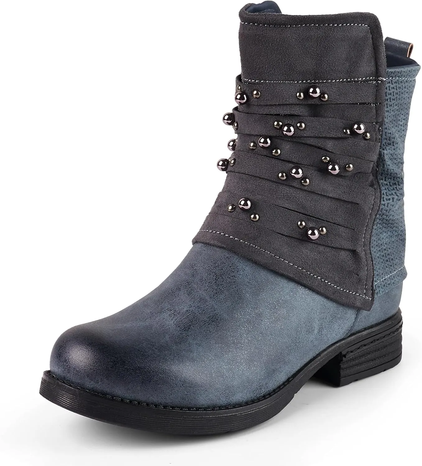 LALA IKAI Women's Combat Boots Motorcycle Ankle Fashion Boots with Studded Low Block Chunky Heels Biker Booties Shoes