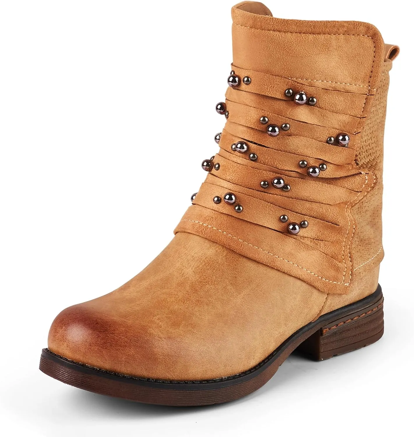 LALA IKAI Women's Combat Boots Motorcycle Ankle Fashion Boots with Studded Low Block Chunky Heels Biker Booties Shoes