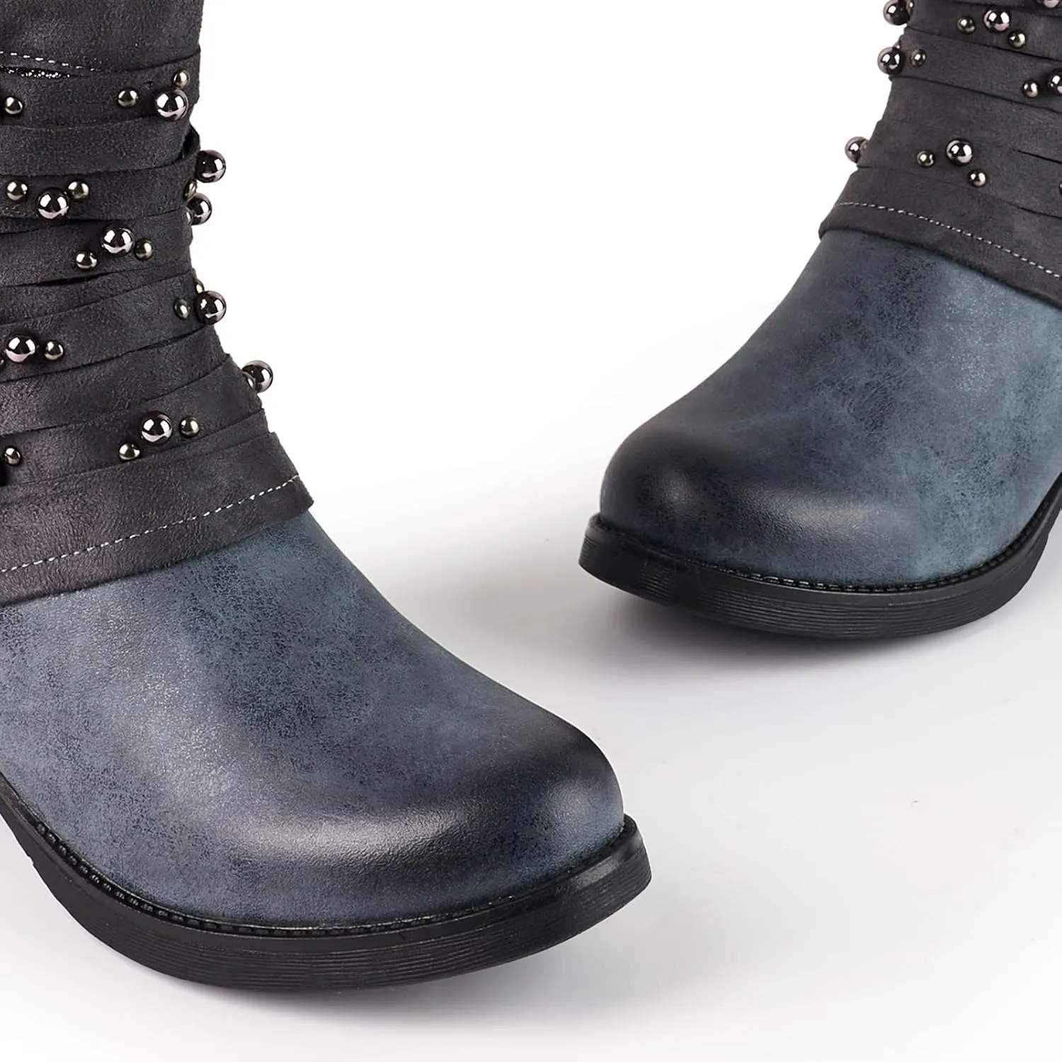 LALA IKAI Women's Combat Boots Motorcycle Ankle Fashion Boots with Studded Low Block Chunky Heels Biker Booties Shoes
