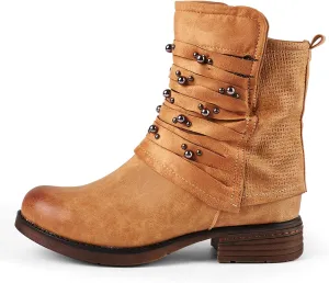 LALA IKAI Women's Combat Boots Motorcycle Ankle Fashion Boots with Studded Low Block Chunky Heels Biker Booties Shoes