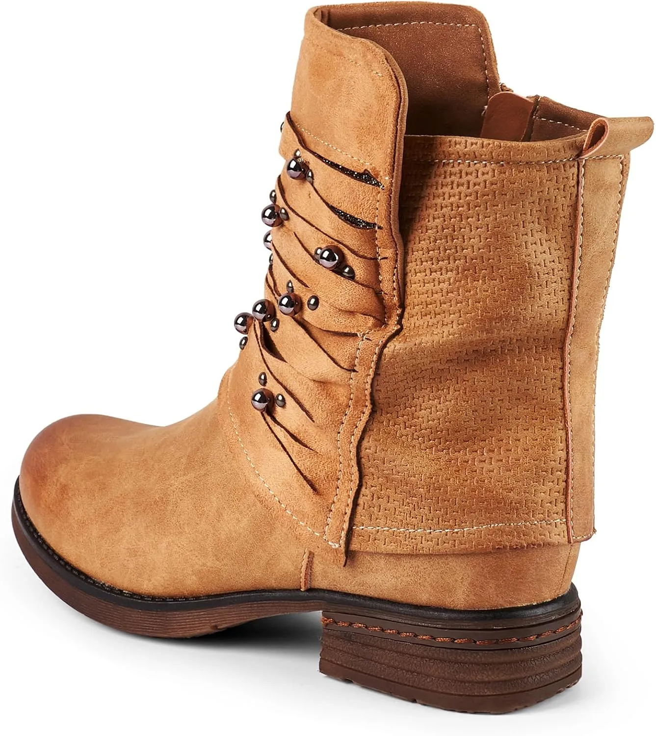 LALA IKAI Women's Combat Boots Motorcycle Ankle Fashion Boots with Studded Low Block Chunky Heels Biker Booties Shoes