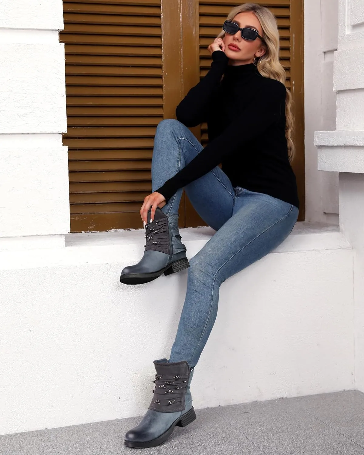 LALA IKAI Women's Combat Boots Motorcycle Ankle Fashion Boots with Studded Low Block Chunky Heels Biker Booties Shoes