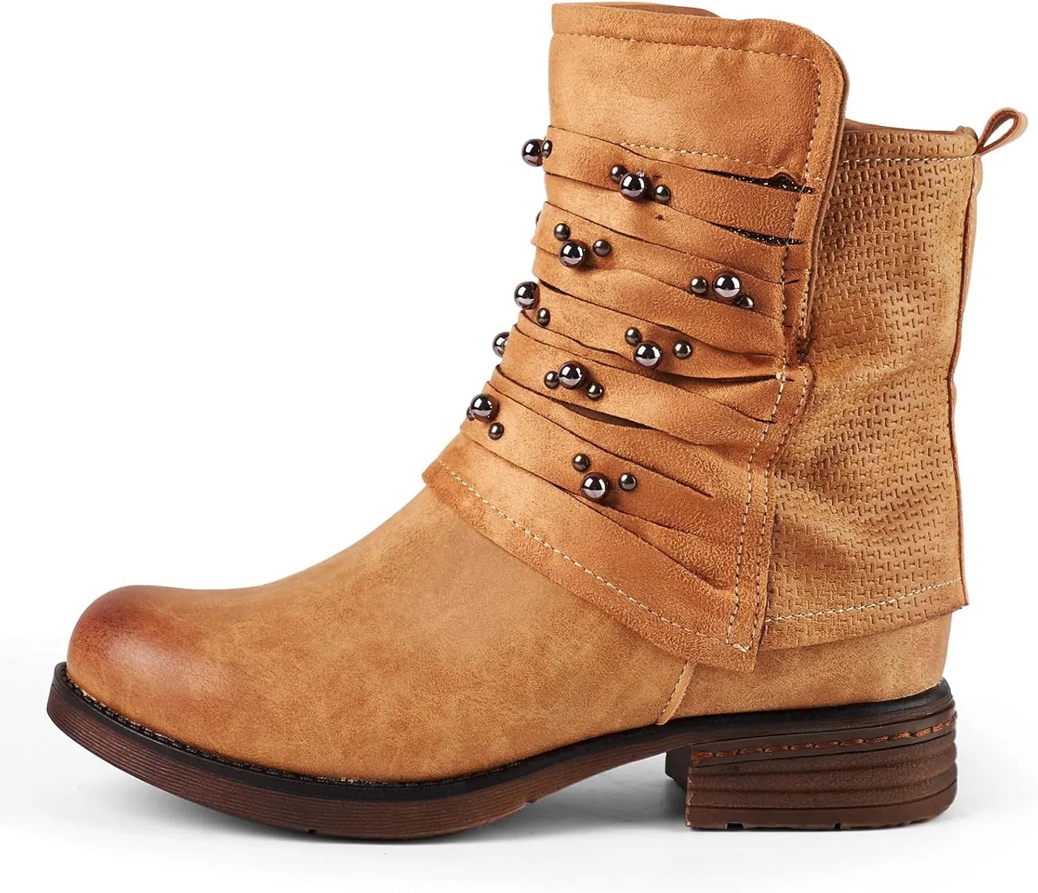 LALA IKAI Women's Combat Boots Motorcycle Ankle Fashion Boots with Studded Low Block Chunky Heels Biker Booties Shoes