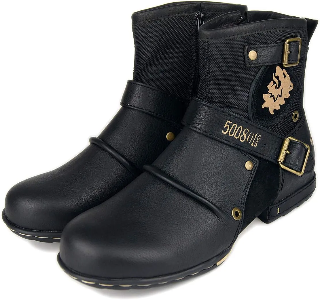 Leather Casual Motorcycle Combat Hiking Dress Ankle Boots for Men with Side Zipper