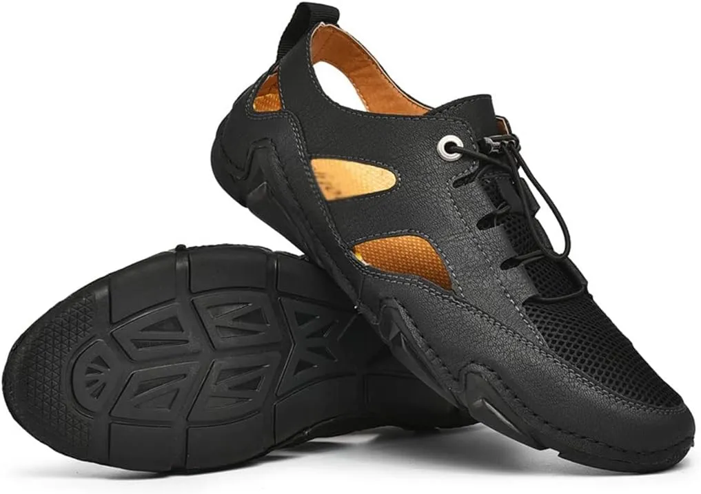 Leather Mens Sandals Breathable Mesh Casual Shoes Men Outdoor Beach Sandals Men Slippers(41)