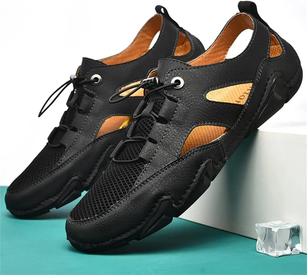 Leather Mens Sandals Breathable Mesh Casual Shoes Men Outdoor Beach Sandals Men Slippers(41)
