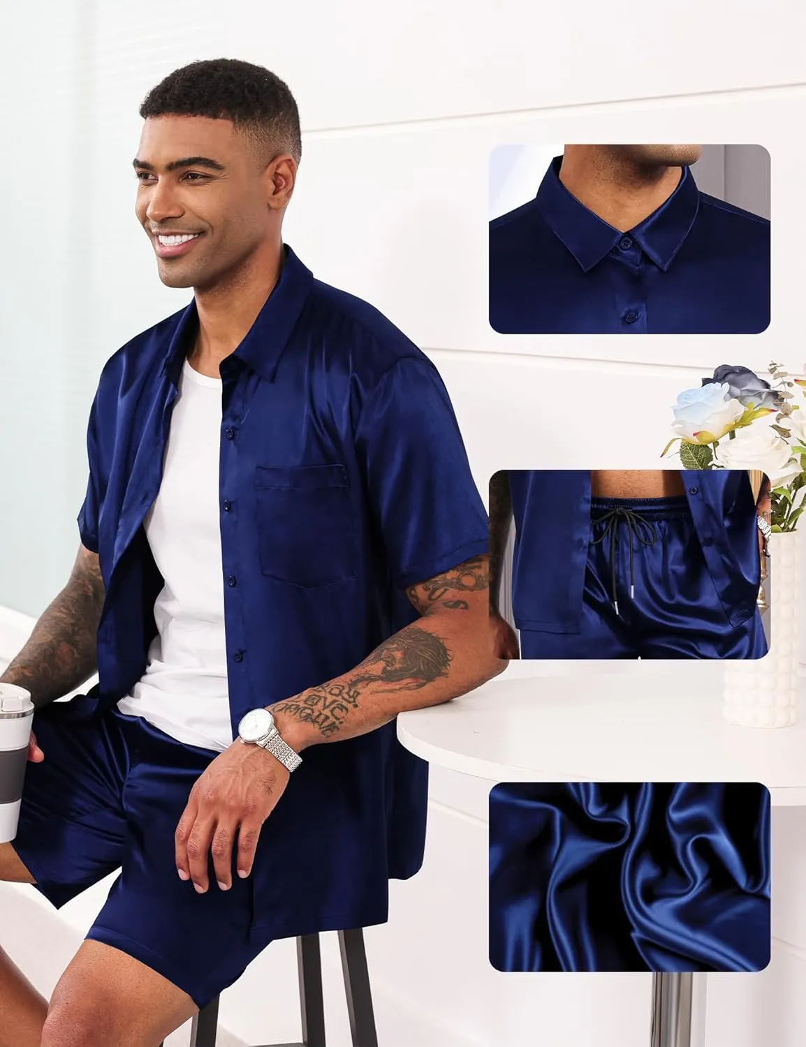 LecGee Men's Satin 2 Piece Outfits Lapel Shirt and Shorts Short Sleeve Button Down Tracksuit Luxury Set Prom Club Party