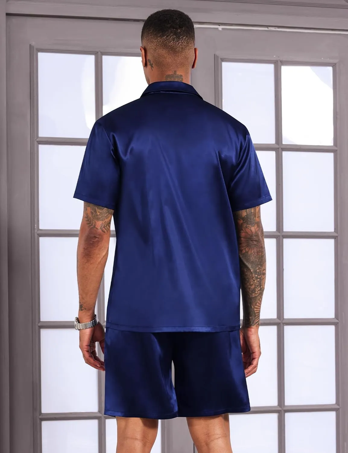 LecGee Men's Satin 2 Piece Outfits Lapel Shirt and Shorts Short Sleeve Button Down Tracksuit Luxury Set Prom Club Party