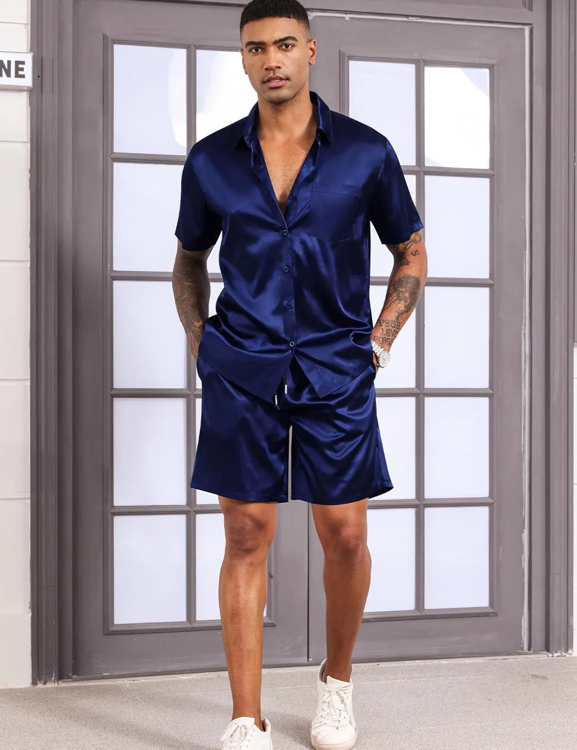 LecGee Men's Satin 2 Piece Outfits Lapel Shirt and Shorts Short Sleeve Button Down Tracksuit Luxury Set Prom Club Party
