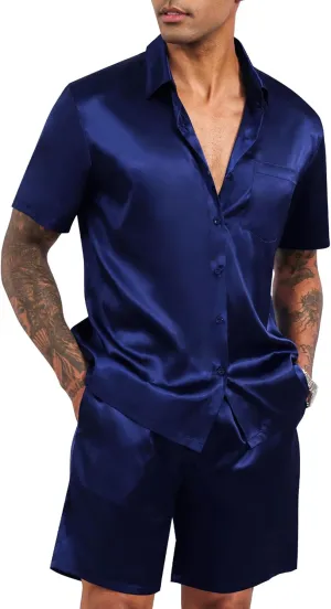 LecGee Men's Satin 2 Piece Outfits Lapel Shirt and Shorts Short Sleeve Button Down Tracksuit Luxury Set Prom Club Party