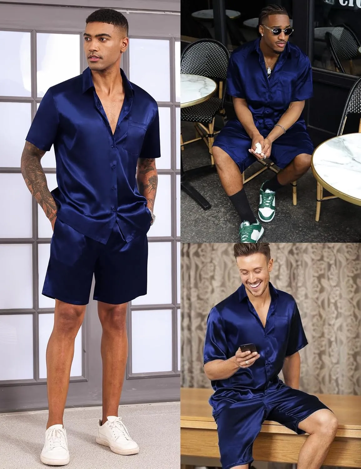 LecGee Men's Satin 2 Piece Outfits Lapel Shirt and Shorts Short Sleeve Button Down Tracksuit Luxury Set Prom Club Party