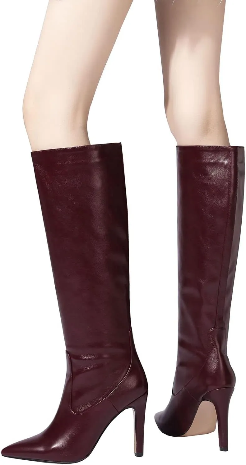 LEMUTISME Women's Classic Pointed Toe Stitchcraft Slouchy Wide Calf Slip On Elegant Stiletto High Heel Knee High Boots